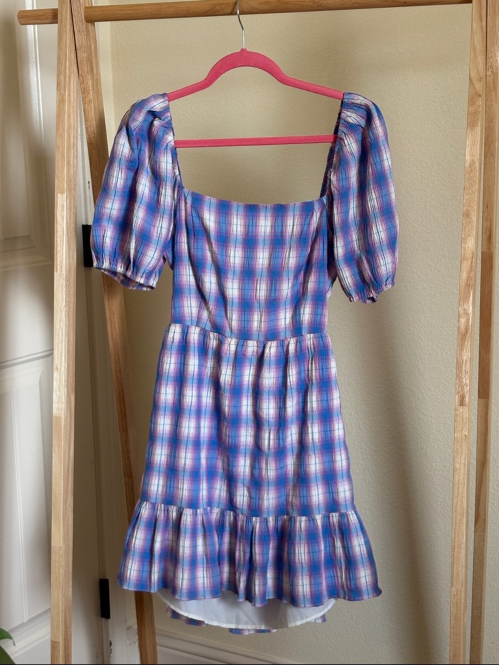 BB Dakota Pink & Blue Plaid Puff-Sleeve Mini Dress